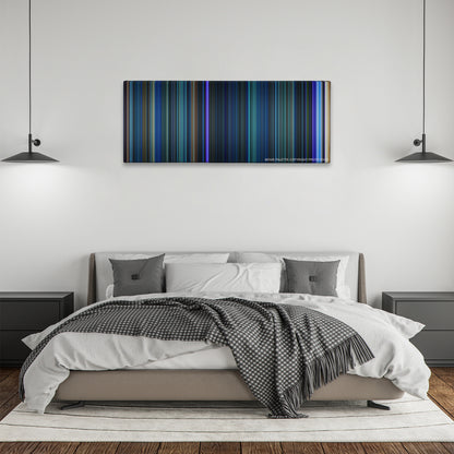 The Abyss color palette canvas above a bed, between two black pendant lamps