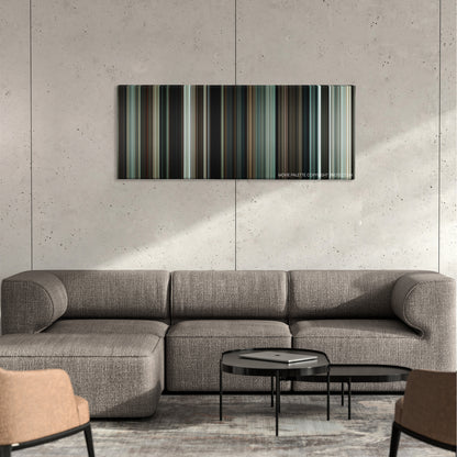 Repo Men color palette canvas on a concrete wall above a gray sectional sofa