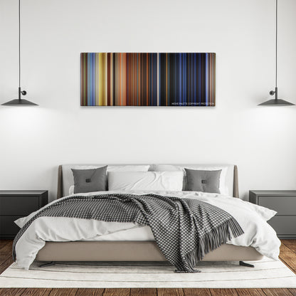 101 Dalmatians color palette canvas above a bed, between two black pendant lamps
