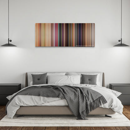 Toy Story color palette canvas above a bed, between two black pendant lamps