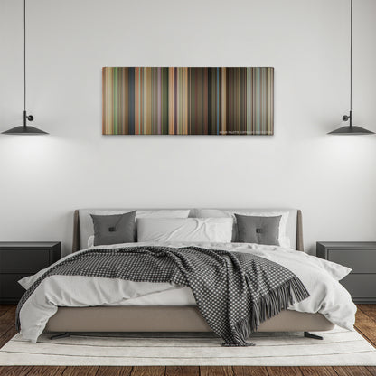 Hairspray color palette canvas above a bed, between two black pendant lamps