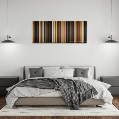 Her color palette canvas above a bed, between two black pendant lamps