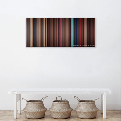 Tenacious D in the Pick of Destiny color palette canvas above a white bench with three woven baskets