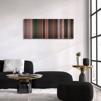 Scary Movie 3 color palette canvas above a black sofa with a gold-topped table