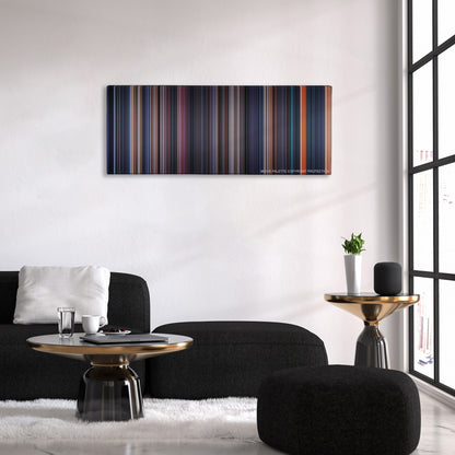 The Terminator color palette canvas above a black sofa with a gold-topped table
