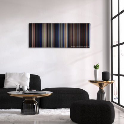 A Nightmare on Elm Street color palette canvas above a black sofa with a gold-topped table