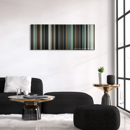 Repo Men color palette canvas above a black sofa with a gold-topped table