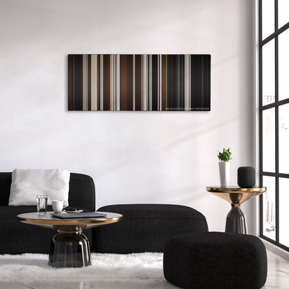 Dogville color palette canvas above a black sofa with a gold-topped table