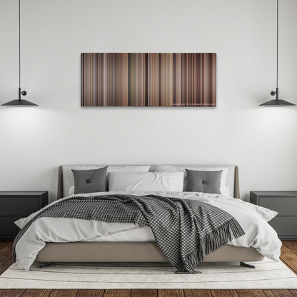 Mrs. Doubtfire color palette canvas above a bed, between two black pendant lamps