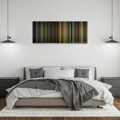 The Social Network color palette canvas above a bed, between two black pendant lamps