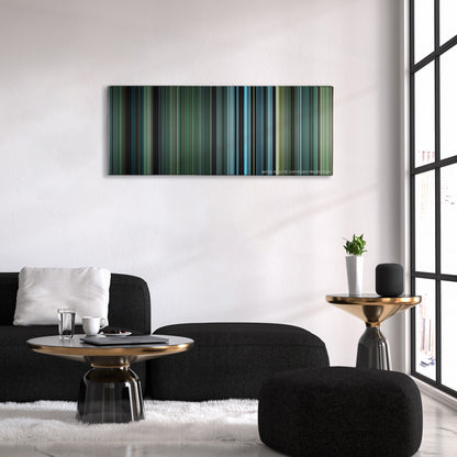 Defiance color palette canvas above a black sofa with a gold-topped table