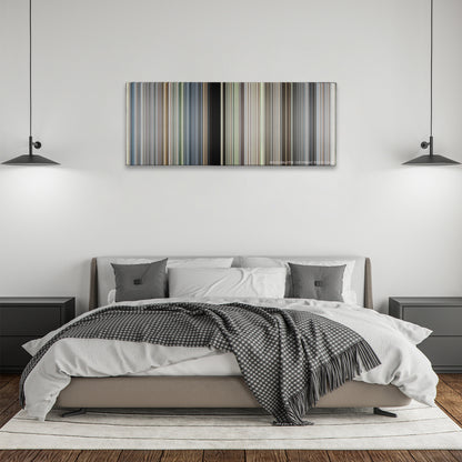 Saving Private Ryan color palette canvas above a bed, between two black pendant lamps