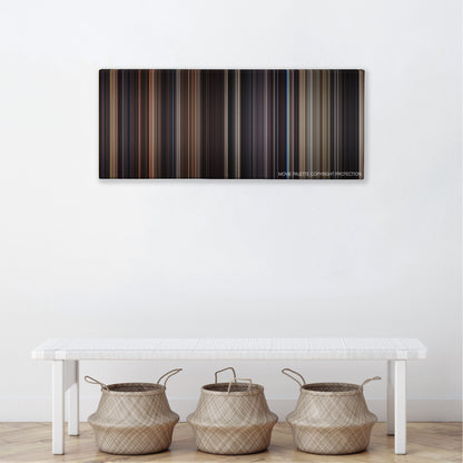 Frequency color palette canvas above a white bench with three woven baskets