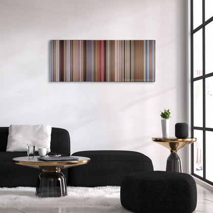 Starsky & Hutch color palette canvas above a black sofa with a gold-topped table
