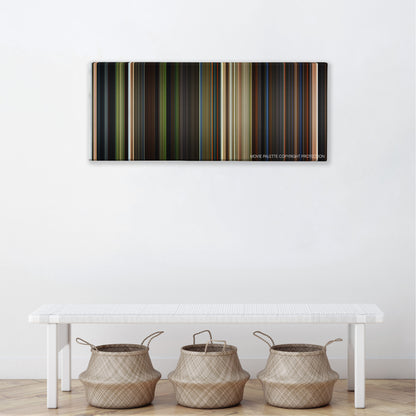The Forbidden Kingdom color palette canvas above a white bench with three woven baskets