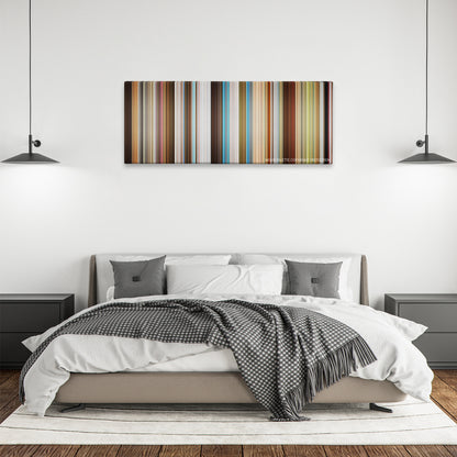 Epic Movie color palette canvas above a bed, between two black pendant lamps