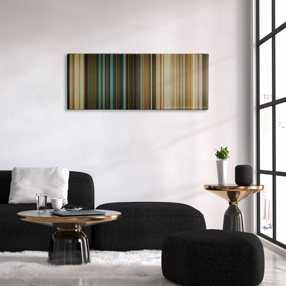The Last Stand color palette canvas above a black sofa with a gold-topped table