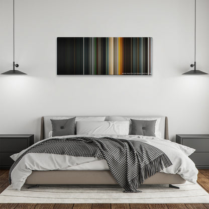 Snowpiercer color palette canvas above a bed, between two black pendant lamps