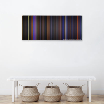The Nightmare Before Christmas color palette canvas above a white bench with three woven baskets