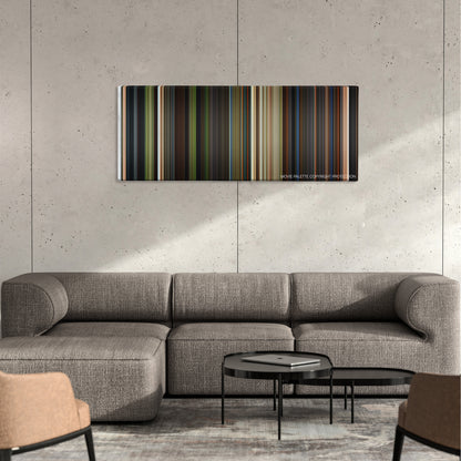 The Forbidden Kingdom color palette canvas on a concrete wall above a gray sectional sofa