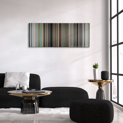 Mr. Nobody color palette canvas above a black sofa with a gold-topped table