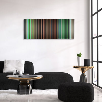 Rescue Dawn color palette canvas above a black sofa with a gold-topped table