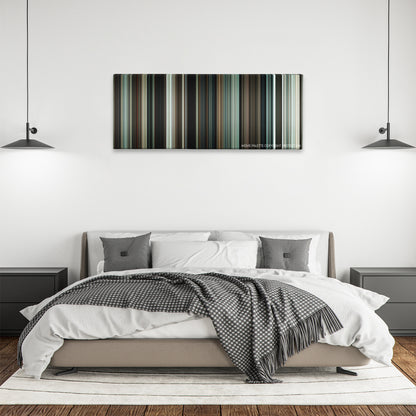 Repo Men color palette canvas above a bed, between two black pendant lamps