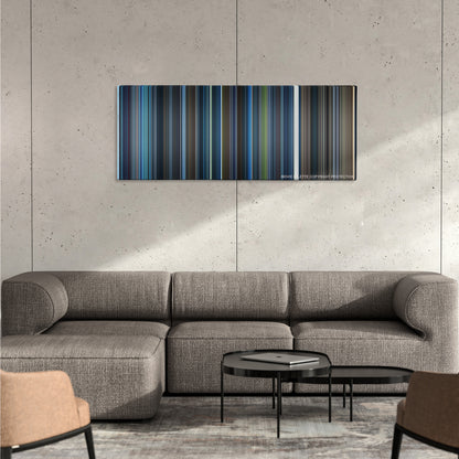 Blade color palette canvas on a concrete wall above a gray sectional sofa