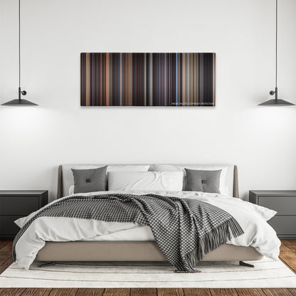 Frequency color palette canvas above a bed, between two black pendant lamps