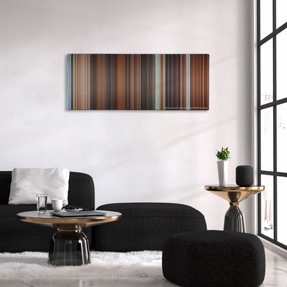 Mr. Deeds color palette canvas above a black sofa with a gold-topped table
