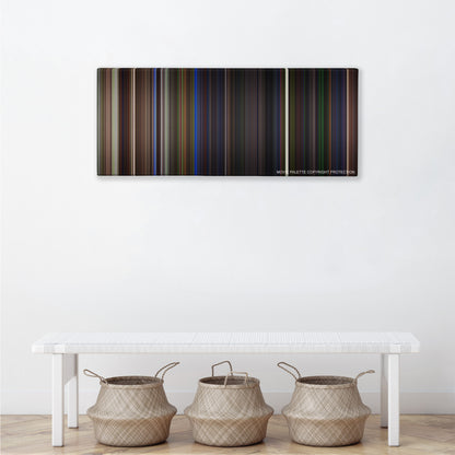 Beetlejuice color palette canvas above a white bench with three woven baskets