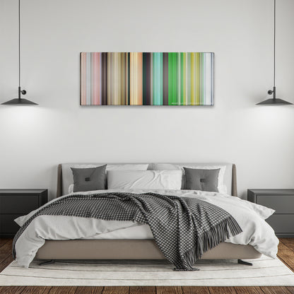 House of Flying Daggers color palette canvas above a bed, between two black pendant lamps