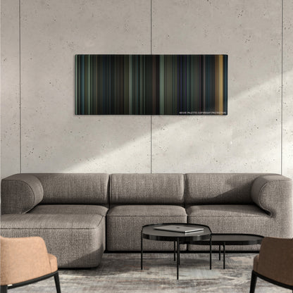 Dark Shadows color palette canvas on a concrete wall above a gray sectional sofa