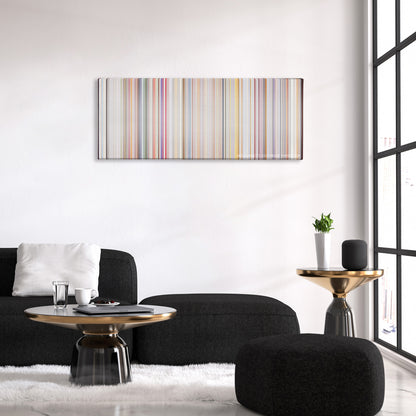 Super Size Me color palette canvas above a black sofa with a gold-topped table
