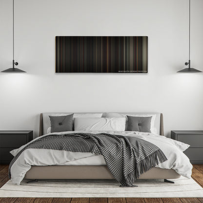 The Road color palette canvas above a bed, between two black pendant lamps