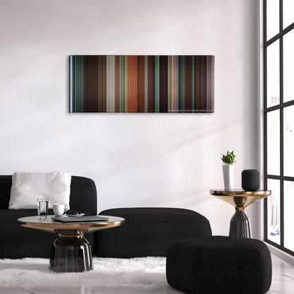 Garden State color palette canvas above a black sofa with a gold-topped table