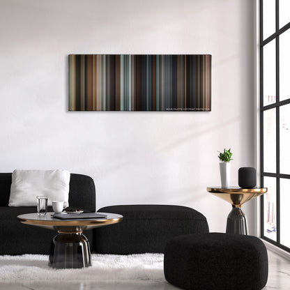 Taken color palette canvas above a black sofa with a gold-topped table