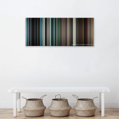 Silence color palette canvas above a white bench with three woven baskets