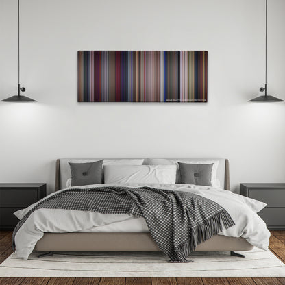 Wayne's World color palette canvas above a bed, between two black pendant lamps