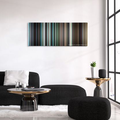 Silence color palette canvas above a black sofa with a gold-topped table