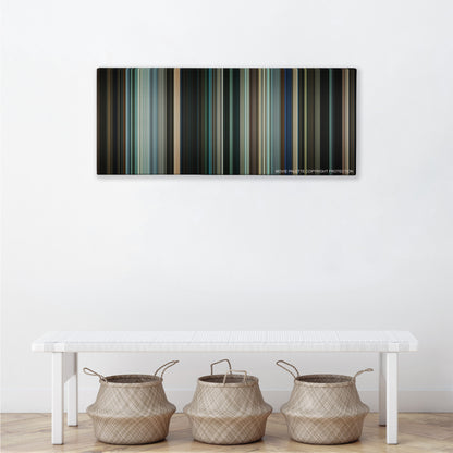 Mr. Brooks color palette canvas above a white bench with three woven baskets