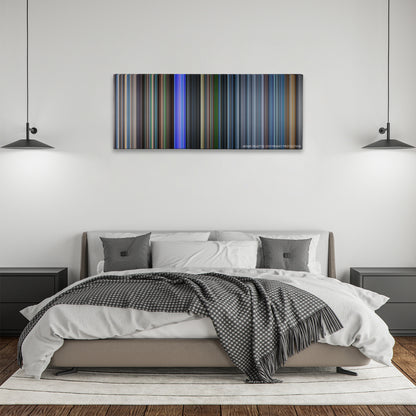 Ready Player One color palette canvas above a bed, between two black pendant lamps