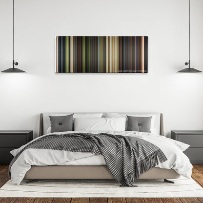 The Forbidden Kingdom color palette canvas above a bed, between two black pendant lamps