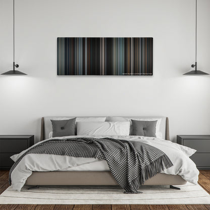 Heat color palette canvas above a bed, between two black pendant lamps