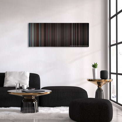 Devil color palette canvas above a black sofa with a gold-topped table