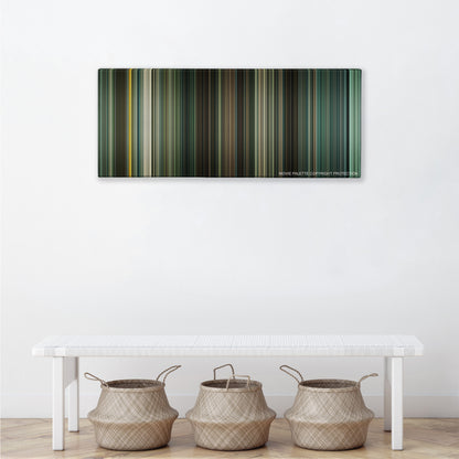 Children of Men color palette canvas above a white bench with three woven baskets