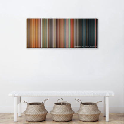 Friday color palette canvas above a white bench with three woven baskets