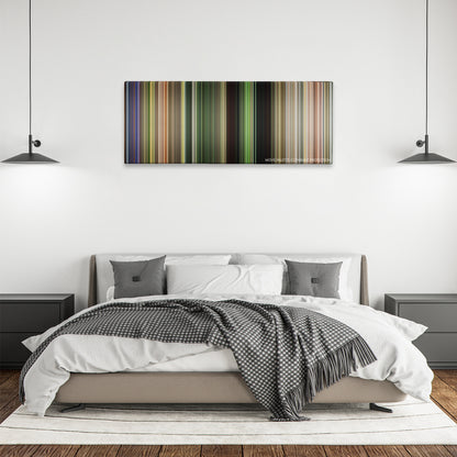The Rundown color palette canvas above a bed, between two black pendant lamps