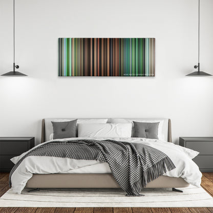 Rescue Dawn color palette canvas above a bed, between two black pendant lamps
