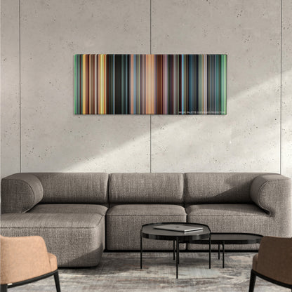 Blow color palette canvas on a concrete wall above a gray sectional sofa